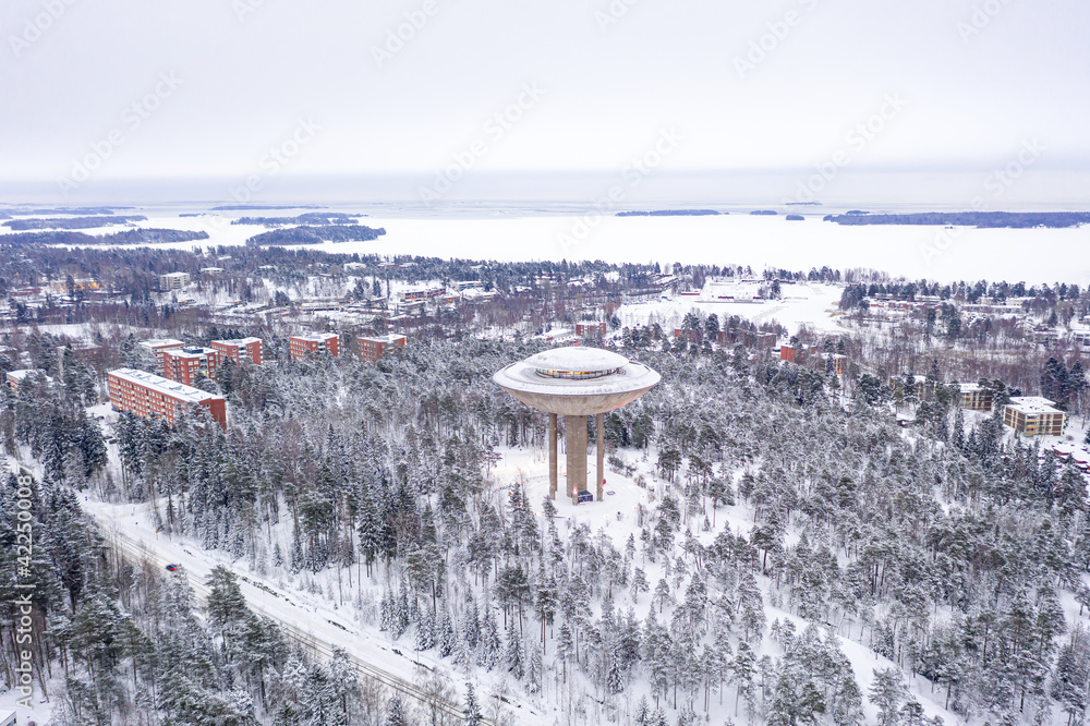 Aerial view of Matinkyla neighborhood of Espoo, Finland. Snow-covered city in winter.