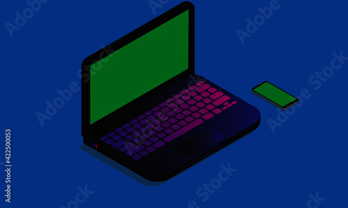 An isometric of laptop and smartphone with green chroma key on blue background.
