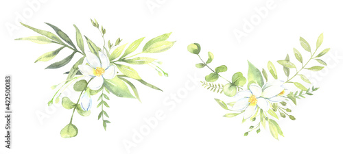 Watercolor floral illustration - leaves and branches bouquet with white flowers and leaves for wedding stationary, greetings, wallpapers, background. Roses, green leaves. . High quality illustration © Olesya Frolova