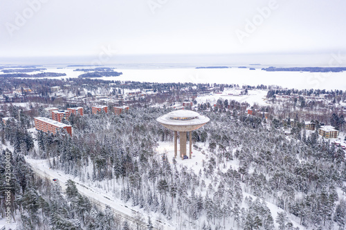 Obraz na płótnie Aerial view of Matinkyla neighborhood of Espoo, Finland. Snow-covered city in winter. w salonie