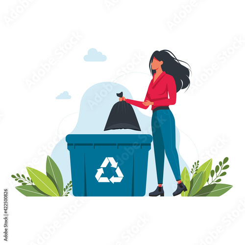 a woman throws a garbage bag into a trash can, garbage recycling sign Volunteering people, ecology, environment concept. Girl throws rubbish in garbage bin.vector illustration. clean planet concept