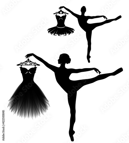 beautiful ballerina girl holding coat hanger with tutu dress - black and white vector silhouette of classical ballet clothes atelier or theatre wardrobe