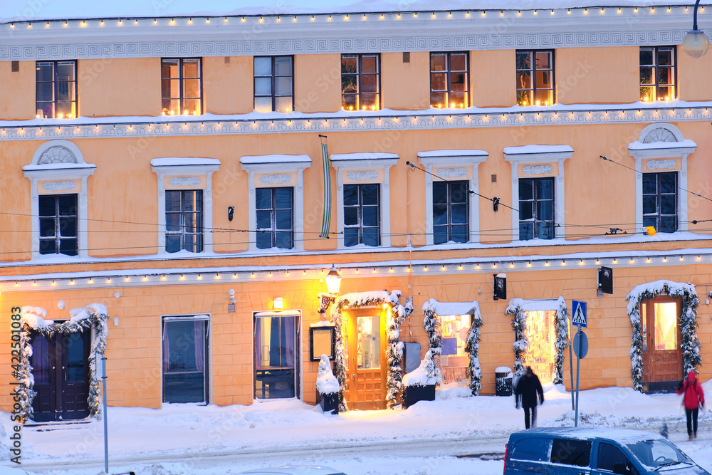 The historical building decorated for Christmas in Central Helsinki, Finland.