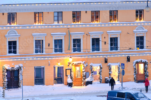 The historical building decorated for Christmas in Central Helsinki, Finland. © Lev Karavanov