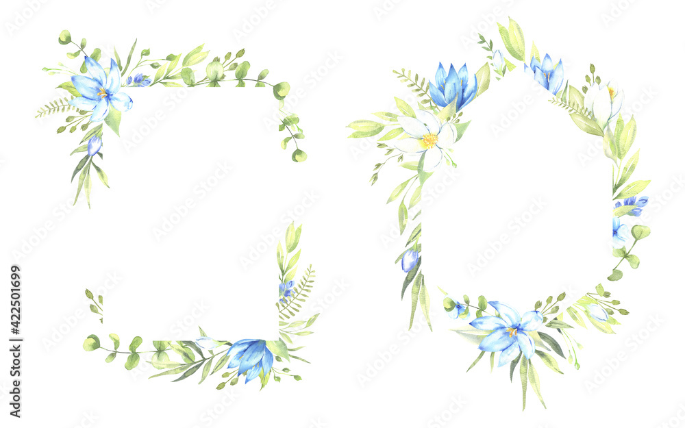 Fototapeta premium Watercolor floral illustration - leaves and branches frame with flowers and leaves for wedding stationary, greetings, wallpapers, background. Roses, green leaves. . High quality illustration