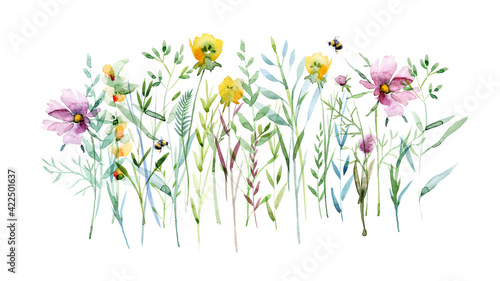 Watercolor flying bee, natural field flowers, beautiful floral composition isolated on white, macro. Summer Meadow. Summer symbol for holiday, postcard, poster, banner, children's illustration and web
