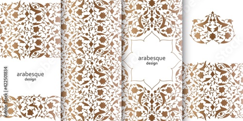 Set of vertical arabesque floral banners. Branches with flowers, leaves and petals
