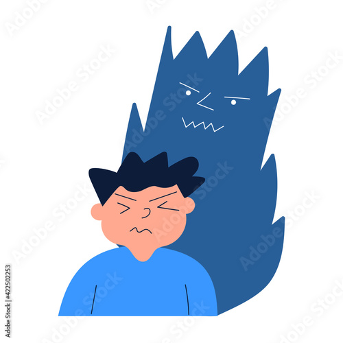 Little boy have anxiety and afraid of imaginary monster. Flat vector illustration on white background.