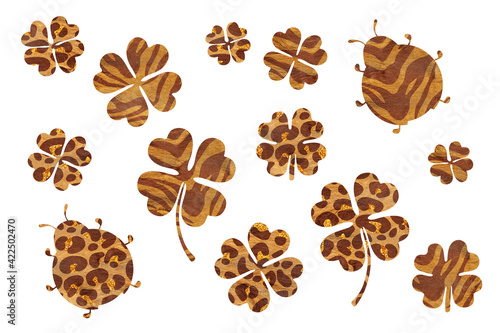 Good luck symbols with leopard skin print. Clip art set on white background