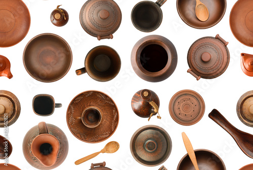 Seamless pattern of old pottery isolated on white