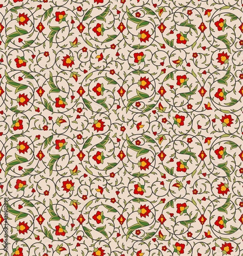 Arabesque Arabic seamless floral pattern. Branches with flowers, leaves and petals