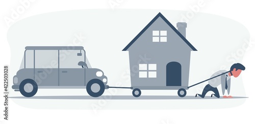 Business concept vector illustration of a businessman on knees dragging a house and a convertible car. Financial problem, burden, pressure, debt, installment concept