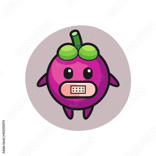 Cartoon Illustration of mangosteen with tape on mouth