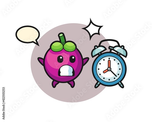 Cartoon Illustration of mangosteen is surprised with a giant alarm clock