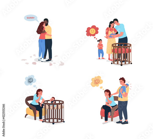 Young family problems flat color vector detailed character set. Jealous kid. Depressed mother. Relationship problems isolated cartoon illustration for web graphic design and animation collection