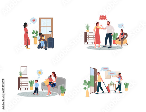 Family conflict flat color vector detailed character set. Arguing parents, upset children. Relationship problem isolated cartoon illustration for web graphic design and animation collection