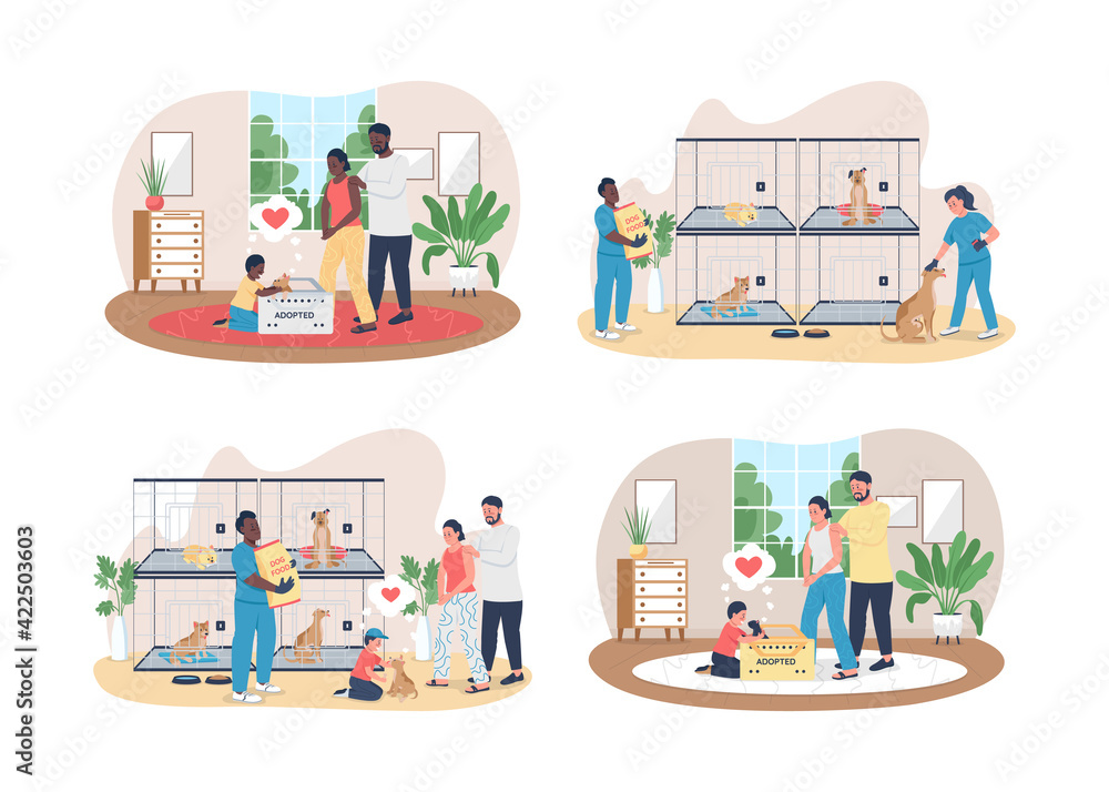 Veterinary care for pets 2D vector web banner, poster set. Family with dogs flat characters on cartoon background. Shelter for homeless animals printable patch, colorful web element collection Veterinary care for pets 2D vector web banner, poster set. Family with dogs flat characters on cartoon background. Shelter for homeless animals printable patch, colorful web element collection