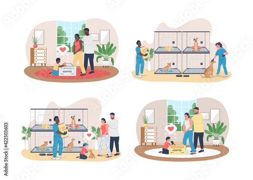 Veterinary care for pets 2D vector web banner, poster set. Family with dogs flat characters on cartoon background. Shelter for homeless animals printable patch, colorful web element collection