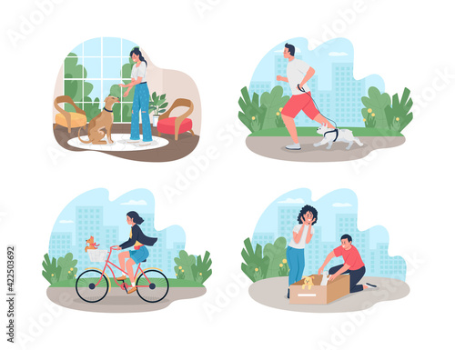 Adopt and train dogs 2D vector web banner, poster set. New owners with doggies flat characters on cartoon background. Training puppies printable patch, colorful web element collection