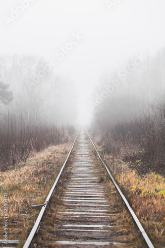 Old empty railway goes through a foggy forest