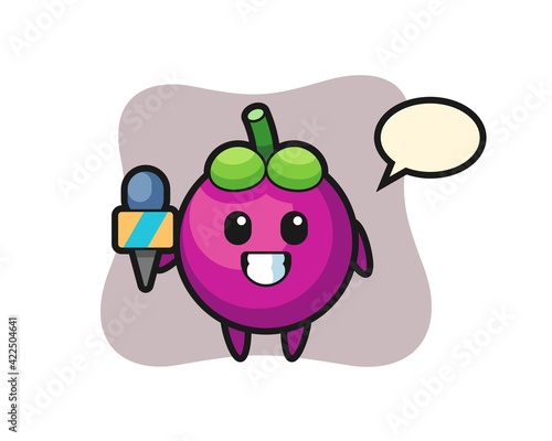 Character mascot of mangosteen as a news reporter