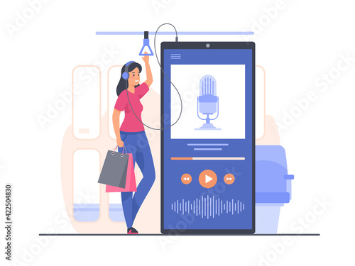 Young woman stands in public transport and listens to podcast recording using mobile application. Podcast, webinar, online training, radio listening concept. Flat vector illustration
