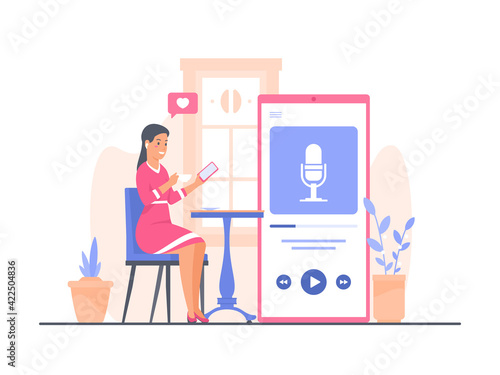 Young woman in pink dress sits at cafe table drinking coffee and listening to podcast using smartphone. Podcast, online radio, audiobook listener concept. Flat vector illustration
