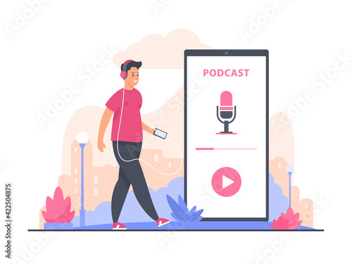 Audio podcast concept illustration. Male cartoon character walking and listening to audio podcast recording using smartphone. Online radio, webinar, training concept. Flat vector illustration