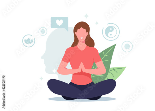 Female Character Meditating in Lotus Pose Feel Mental Balance and Self Control, Woman Doing Yoga, Healthy Lifestyle