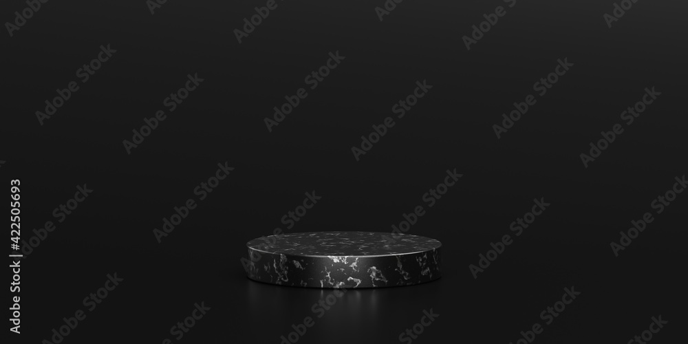 Black marble showcase product background stand or podium pedestal on dark display with luxury backdrops. 3D rendering. Black marble showcase product background stand or podium pedestal on dark display with luxury backdrops. 3D rendering.