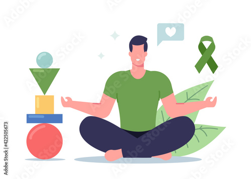 Man Doing Yoga with Balanced Figures Pyramid. Male Character Meditate in Lotus Pose Feel Mental Balance and Self Control
