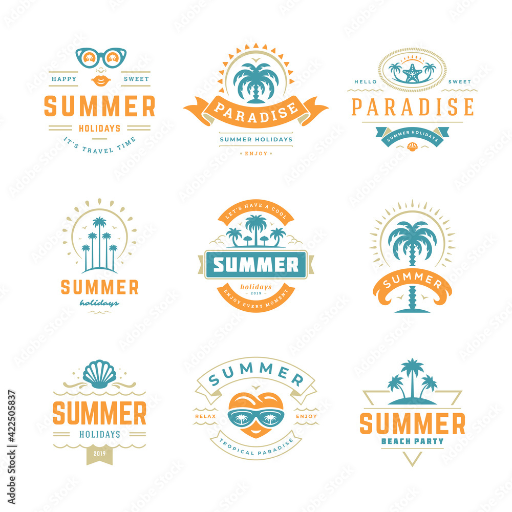 Summer holidays labels and badges retro typography design set. Summer holidays labels and badges retro typography design set.