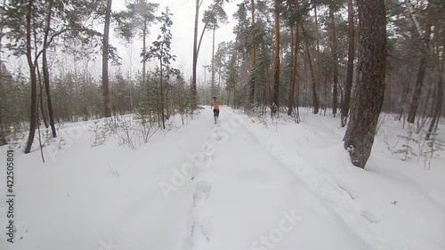 Wallpaper Mural Running in the winter forest. A man without outerwear runs through the snowdrifts. It hardens the body and increases endurance when exercising in tough conditions. Wide shot.  Torontodigital.ca