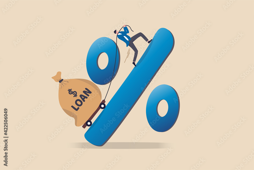 Personal loan interest rate, finance risk, debt or mortgage to pay back, credit or monetary policy concept, man trying hard to pulling heavy money bag labeled as loan up the hill on percentage sign. - obrazy, fototapety, plakaty 