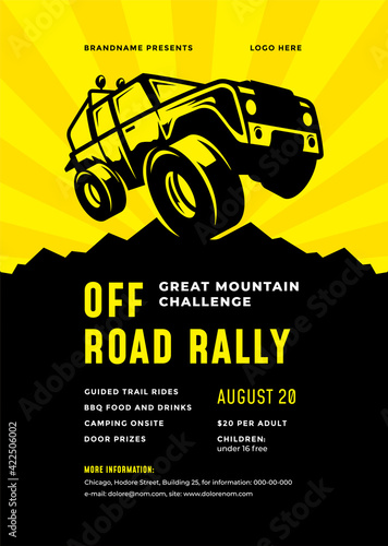 Off road truck competition poster or flyer event modern typography design template and 4x4 suv car silhouette.