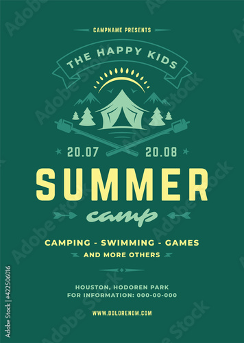 Kids summer camp poster or flyer event retro typography design template and forest lanscape and tent background