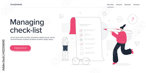 Young woman filling checklist form. Girl character with pen checking list of tasks or survey document. Flat vector illustration. Web banner layout template.