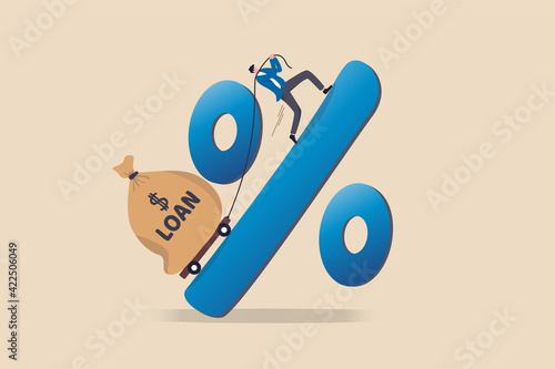 Personal loan interest rate, finance risk, debt or mortgage to pay back, credit or monetary policy concept, man trying hard to pulling heavy money bag labeled as loan up the hill on percentage sign.