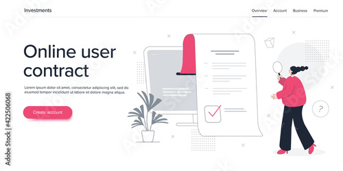 Young woman looking through electronic contract. Online e-contract document sign via computer or laptop. Isometric vector illustration. Web banner layout template.