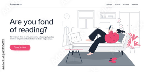 Young woman or girl reading paper book on sofa at home. Happy female learning. Flat vector illustration. Web banner layout template.