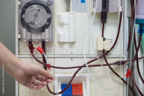 Dialysis nurse are checking dialysis machine before hemodialysis replacement kidney dysfunction or renal failure in intensive care unit. Health care and medical concept.