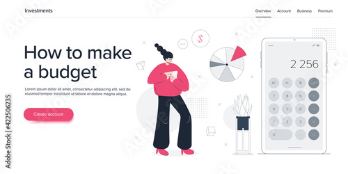 Young woman managing finacial budget. Girl calculating bills or accounting expenses. Flat vector illustration. Web banner layout template