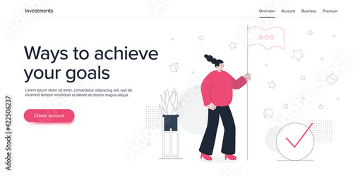Achieving goal concept with young woman holding flag. Success or successful career metaphor with happy girl. Flat vector illustration. Web banner layout template.