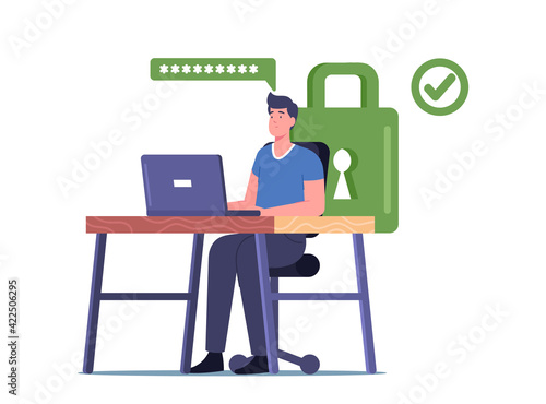 Man Sitting at Desk near Green Padlock Working on Laptop with Strong Password for Profile and Internet Account Access