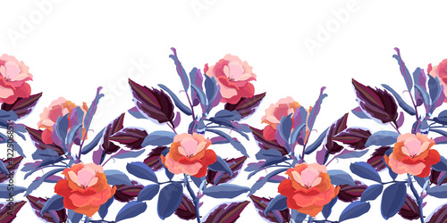 Vector floral seamless pattern, decorative border. Red garden flowers, blue, maroon leaves isolated on a white background.