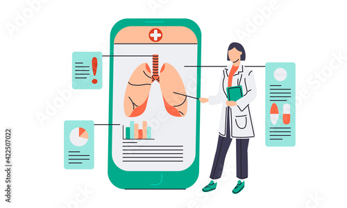Online lungs checkup flat cartoon illustration. Doctor examine respiratory organ app banner design. Mobile interface of consultation with the selection of treatment and pills background. Telemedicine