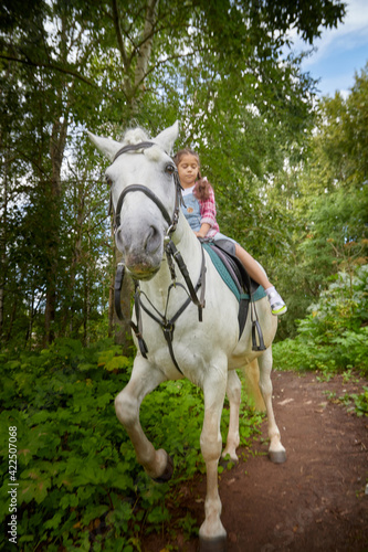 A teenage girl and a horse in nature among green trees