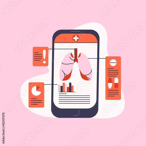 Online lungs examination flat cartoon illustration. Mobile medical application banner design. respiratory symptoms checkup background.