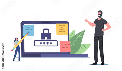 Data Protection. Tiny Woman with Huge Pencil Writing Weak Password on Sticky Note Hang on Laptop Screen with Padlock