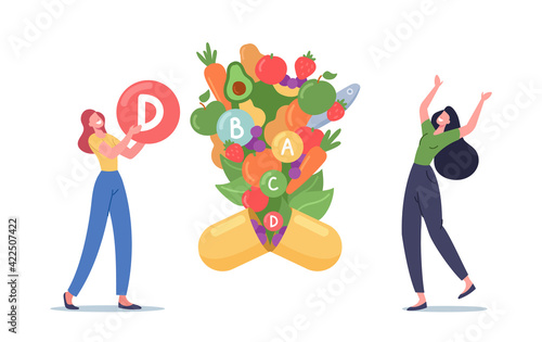 Women Characters Holding Huge Ball with Vitamin D Symbol, Healthy Fruits and Veggies Fly Out of Nutritional Supplement
